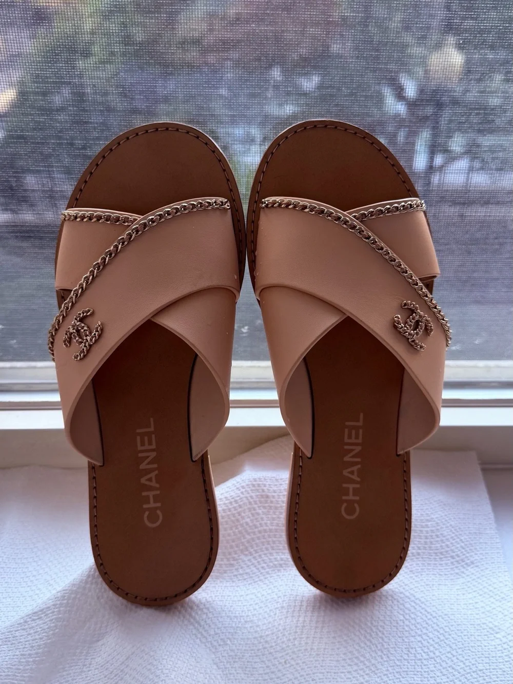 CHANEL Peach Slide Sandals with Gold Chain & CC Charm